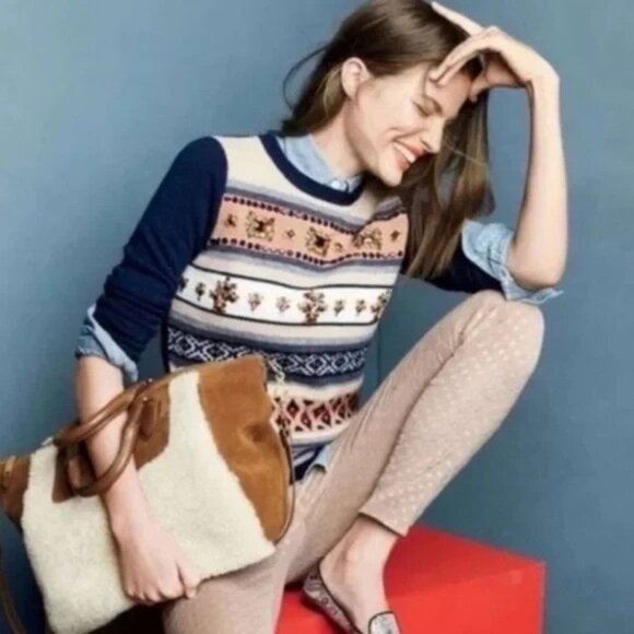 J CREW Womens Sz M 100% Wool Jeweled Navy/Multi Fair Isle Stripe Sweater Preppy - Picture 9 of 9